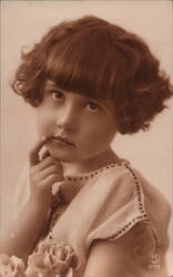 Young Girl with Hand on Chin, Roses Postcard