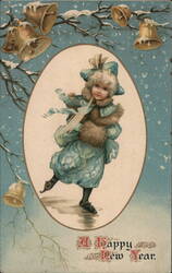 Little Girl Ice Skating, Happy New Year Postcard