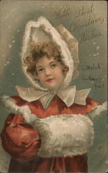 Little Girl in Red Coat and White Fur Hood, Muff, Christmas Postcard