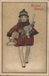 Bonne Annee - Girl with gifts in snow Postcard