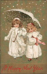 Two Girls with Umbrella in Snow, Happy New Year Postcard