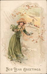 New Year Greetings, Girl with Mistletoe & Snowball Postcard