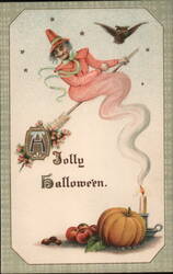 A Jolly Halloween, Witch Flying on Broom, Pumpkin, Apple, Nuts, Owl Postcard