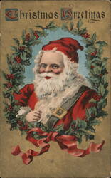 Santa Claus in Holly Wreath, Christmas Greetings Postcard