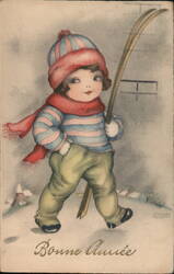 Bonne Année, Child Skier with Striped Sweater and Red Scarf Postcard