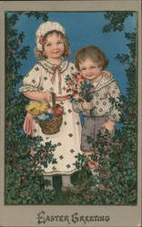 Easter Greeting, Two Children with Basket and Flowers Postcard