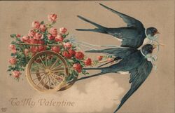Two Birds Pulling Cart of Roses - Valentine's Day Postcard
