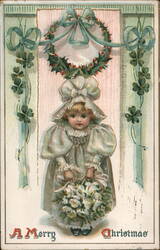 Little Girl in Bonnet with Flowers, A Merry Christmas Postcard