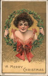 Woman with Holly Wreath, Merry Christmas Postcard