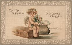 Cherubic Cupid on Suitcase, Valentine Greeting Postcard