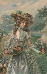 Young Woman with Basket and Bouquet of Roses Postcard