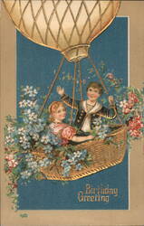 Birthday Greeting, Boy and Girl in Hot Air Balloon Basket Postcard