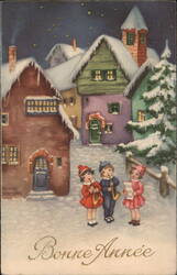 Bonne Année, Children Caroling in Snowy Village Postcard