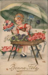 Little Girl Selling Flowers Under Umbrella, Bonne Fête Postcard