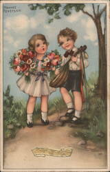 Boy with Mandolin, Girl with Flowers Postcard