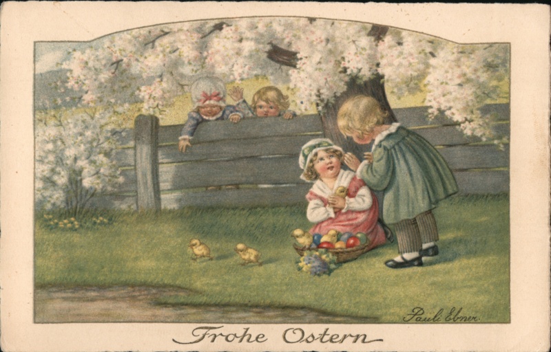 Children with Easter Eggs and Chicks - Vintage Easter Illustration