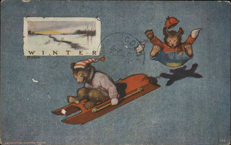 Anthropomorphic Bear on Sled, Winter Scene Postcard