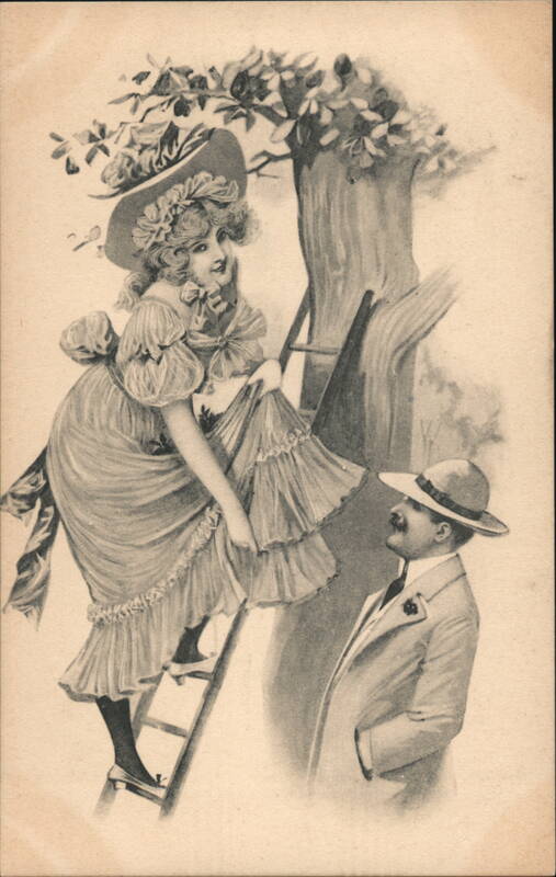 Woman on Ladder, Man Watching - Comic Illustration