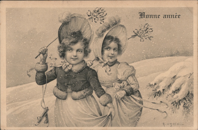 Two Girls in Winter Bonnets, Bonne Année Greeting, Snowy Scene