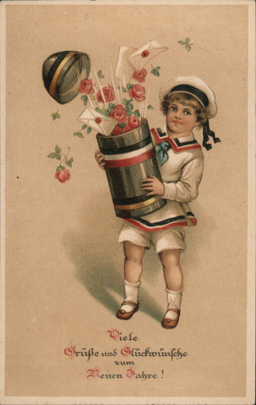 Boy with New Year's Gift Box - Vintage German Holiday Postcard