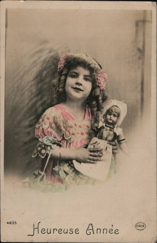 Girl with Doll, Happy New Year Postcard, Paris, France - Colorized