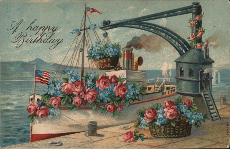 Happy Birthday Nautical Postcard: Steamer with Floral Baskets