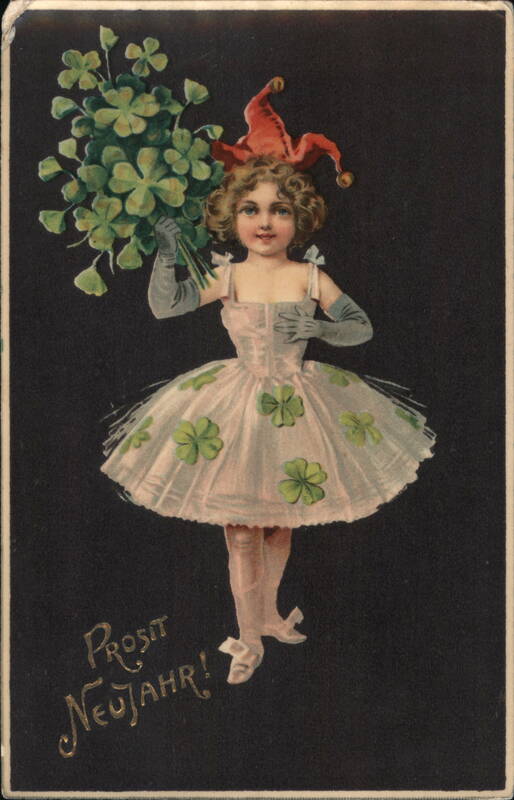 Girl with Shamrocks, New Year Postcard, Germany - Colorful Vintage