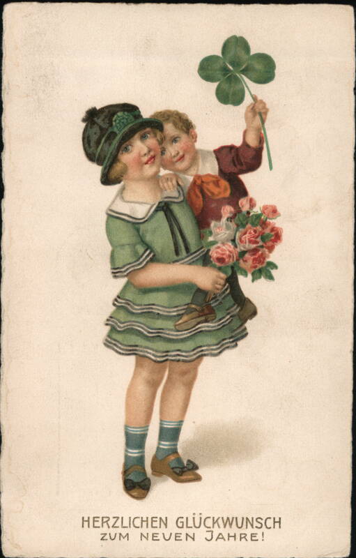 Children with Four-Leaf Clover & Flowers - German New Year's Greeting