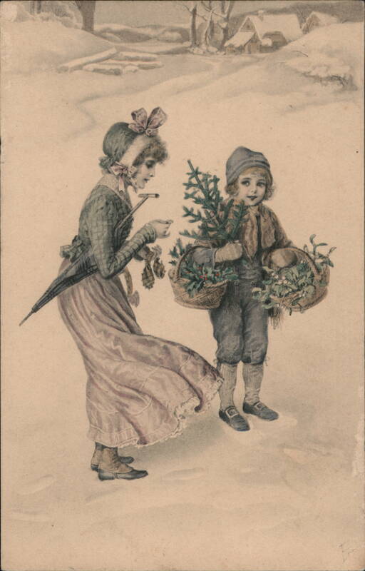 Children with Christmas Baskets, Winter Scene, Vintage Holiday Postcard