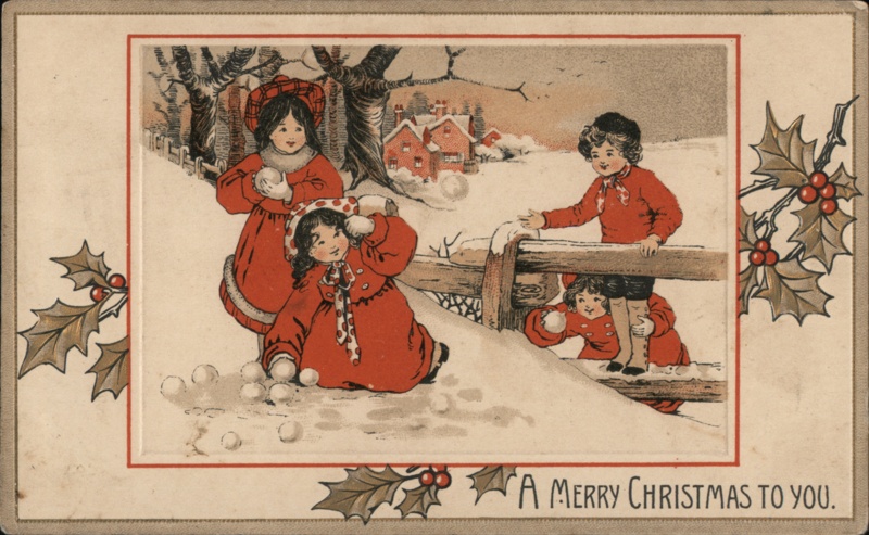 Children Playing in Snow, Winter Holiday Scene, Red Coats