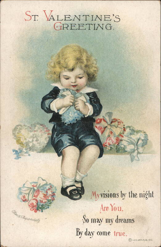 Boy with Valentine's Gifts - Antique Children's Postcard