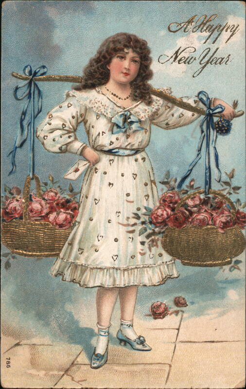 Girl with Rose Baskets, Happy New Year Postcard, c. 1900s