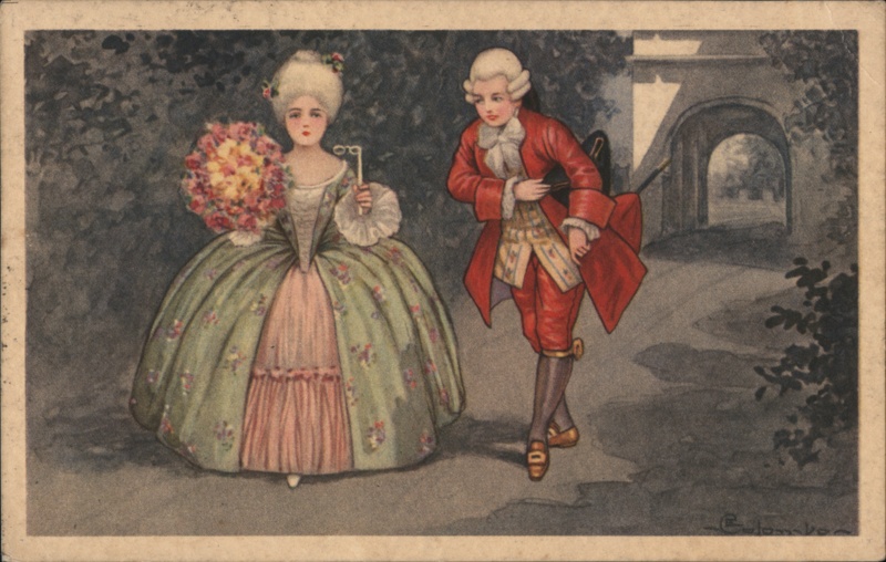 Couple in Rococo Fashion, Park Stroll, Colorful Illustration Postcard