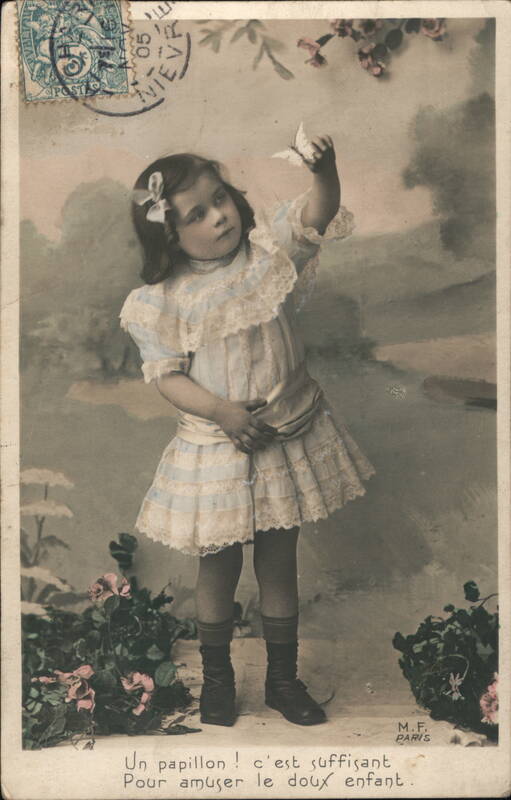 Girl with Butterfly, Nievre, France - Vintage Postcard