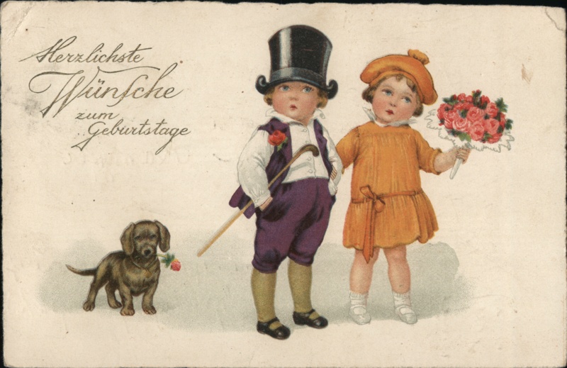 Birthday Greeting with Children, Dachshund, and Flowers - Vintage Postcard