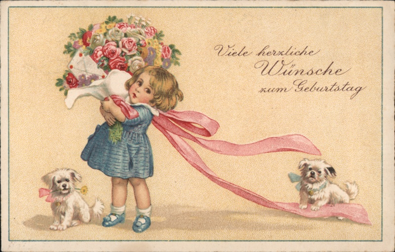 Little Girl with Bouquet & Dogs, Germany - Color Birthday Postcard