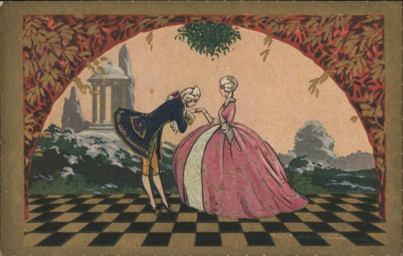 Couple Under Mistletoe, Checkered Floor, Vintage Illustration Postcard