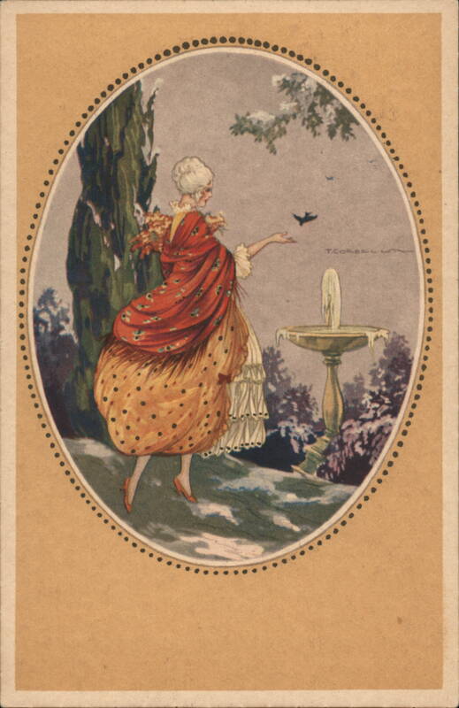 Elegant Woman by Fountain, Winter Scene - Art Nouveau Postcard