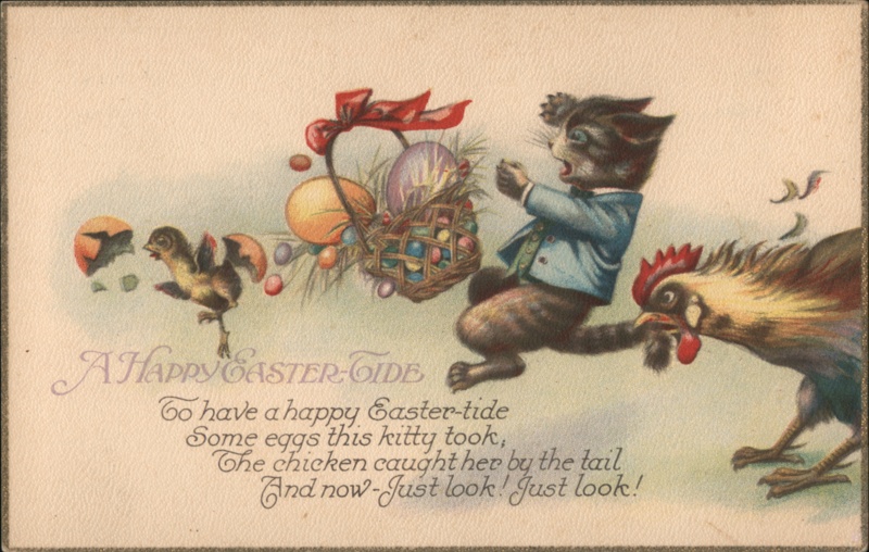 Playful Kitten Steals Easter Eggs, Vintage Embossed Postcard