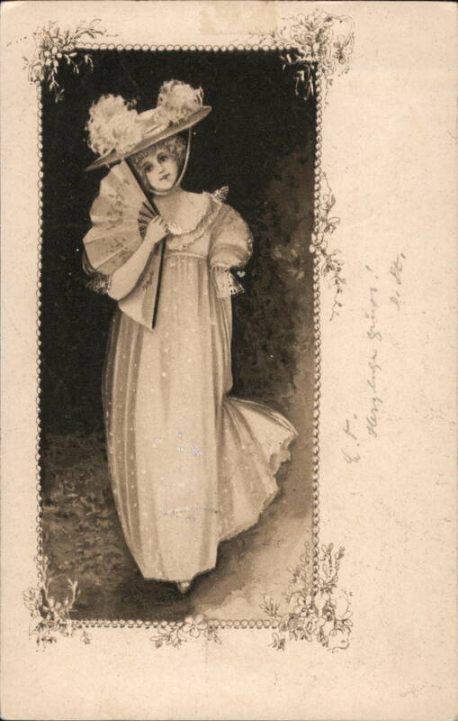Woman in Polka Dot Dress with Fan and Feathered Hat - Sepia Postcard