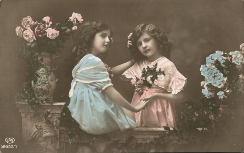 Two Girls with Flowers, Antique Colorized Portrait Postcard