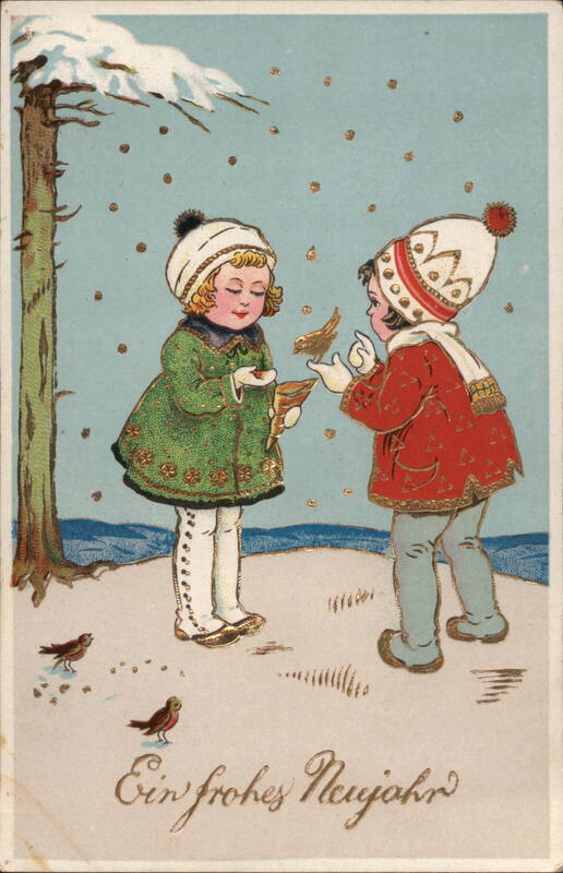 Children Feeding Birds in Winter Snow, Germany