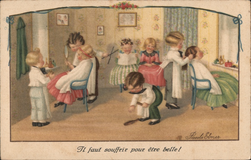 Antique Children's Hair Salon Postcard - Playful Scene