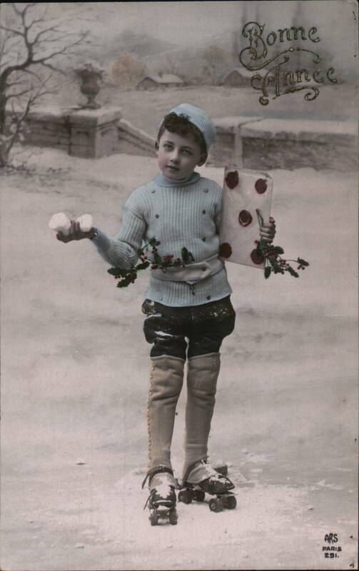 Boy on Roller Skates with Gift & Holly, Bonne Année, France