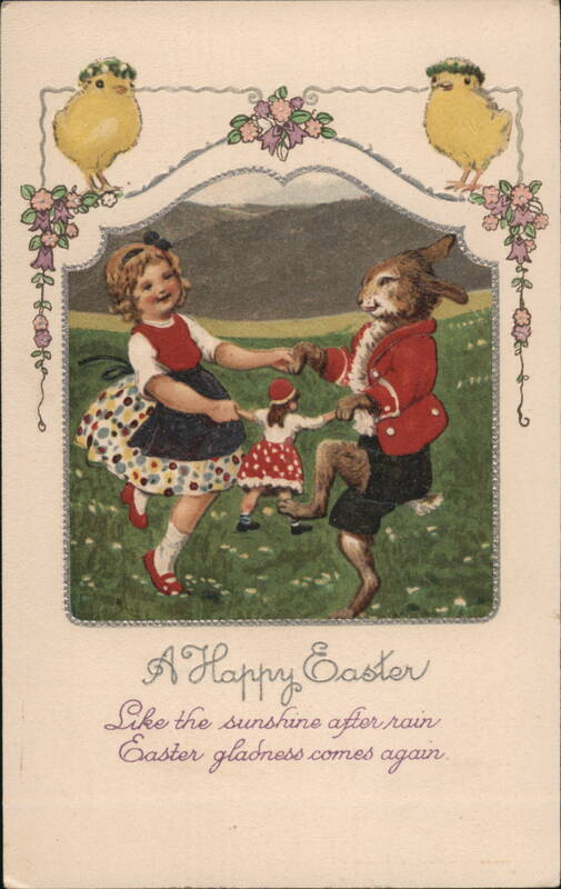 Children & Easter Bunny Dancing, Vintage Easter Postcard