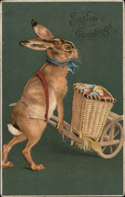 Easter Bunny with Wheelbarrow of Eggs - Vintage Illustration