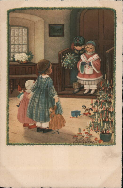 Children at Church with Christmas Tree - Vintage Holiday Scene