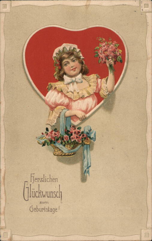 Girl with Flowers in Heart Birthday Postcard, Germany