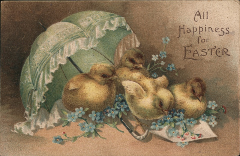 Easter Chicks with Forget-Me-Nots Under a Parasol With Chicks