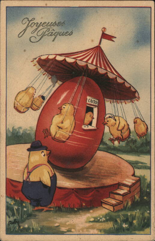 Easter Chick Carnival Carousel, French Vintage Postcard